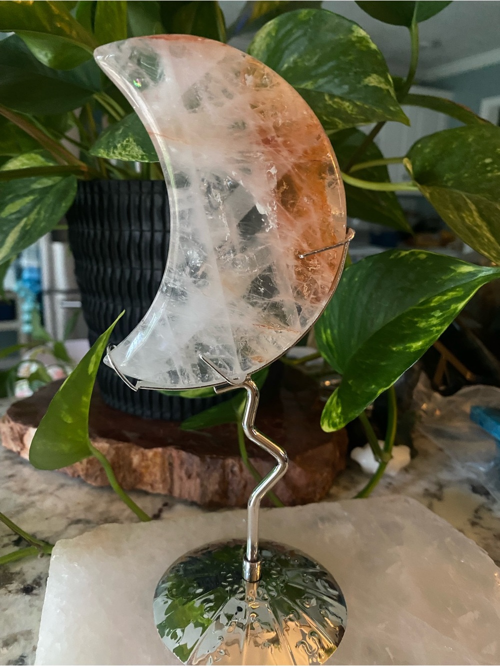 Golden Healer Clear Quartz Moon with Silver Display Stand - Picture 3 of 7